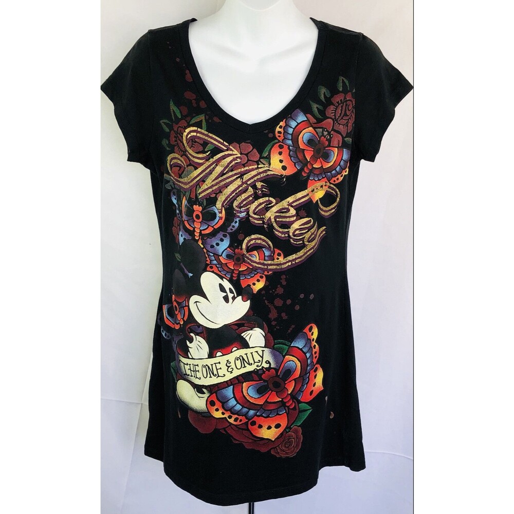 Disney Mickey Mouse Tee Mini dress M blk scoopneck short sleeve Graphic Kid Fun